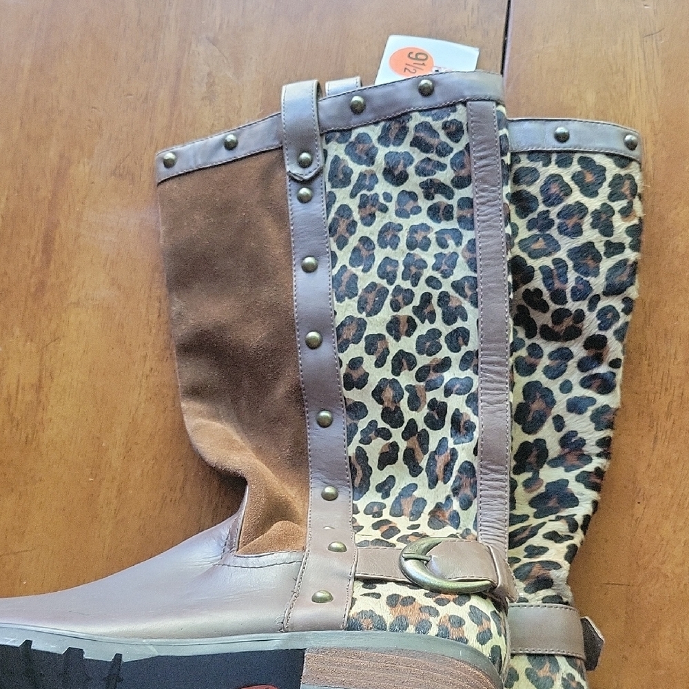 Leopard Cow Hide Print With Suede And Leather Women's Boots